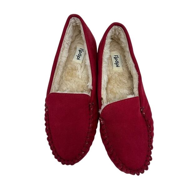 Floöpi Women Red Faux Suede Moccasin Slippers Sherpa Lined Memory Foam Sz 9 - Picture 2 of 9